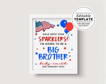 Sparkler Big Brother 4th of July, Memorial Day, Pregnancy Announcement, Photo Prop, Chalkboard Sign Template | EDITABLE TEMPLATE