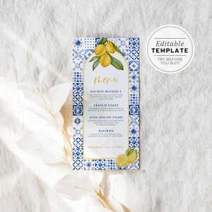 Amalfi Mediterraner Stil Bridal Shower Party Menü, Hens Brunch Menü | EDITIERBARE VORLAGE #090