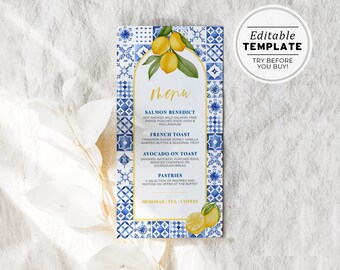 Amalfi Mediterranean Style Bridal Shower Party Menu, Hens Brunch Menu | EDITABLE TEMPLATE #090