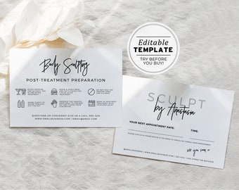 Juliette Minimalist Body Sculpting Post-Treatment Care and Appointment Card Template, Editable AfterCare Card | EDITABLE TEMPLATE #050 #043