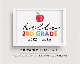 First Day of Third Grade 2021-2022, First Day of School Printable, First Day Picture, First Day Photo Prop, school sign | EDITABLE TEMPLATE