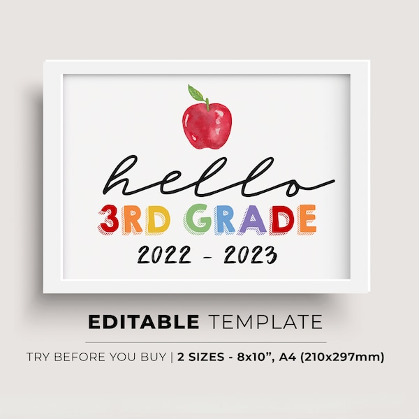 First Day of Third Grade 2021-2022, First Day of School Printable, First Day Picture, First Day Photo Prop, school sign | EDITABLE TEMPLATE