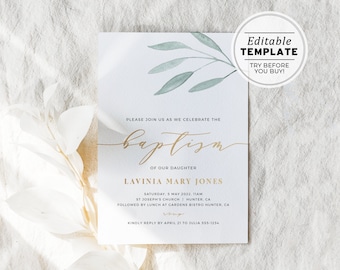 Lavinia Classic Minimalist Christening, Baptism Editable Invitation Template | EDIT & PRINT #044