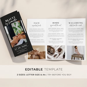 Broszura Willow Minimalist Spa, Cennik Day Spa w trzech składanych częściach, Do druku dla małych firm | EDYTOWALNY SZABLON #054 #043