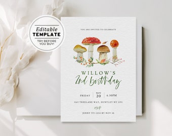 Minimalist Wild Mushroom Kids Birthday Party Invite Template | EDITABLE TEMPLATE #057