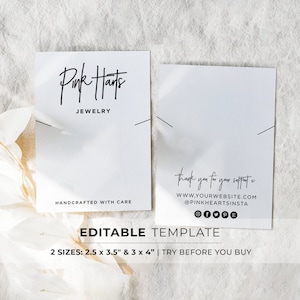 Editable Necklace Display Card Template, 2 sizes: 2.5x3.5" / 3x4" #050 #043 Juliette Minimalist