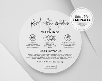 Minimalist Reed Diffuser Warning Label Template, Reed Diffuser Safety Sticker, Sizes: 1.5" / 2" / 3" | EDITABLE TEMPLATE #050 #043 Juliette