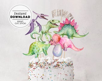 Dino Island Dinosaur Cake Topper, Watercolor Dinosaur Centerpieces, T-Rex Birthday Party, Kids Table Decor | INSTANT DOWNLOAD #046