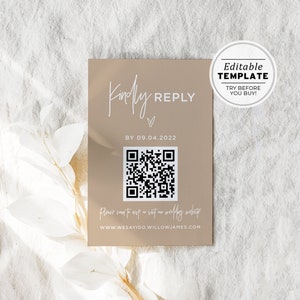 Nue Minimalist QR Code Response Card, Qr Code Rsvp Card, Rsvp Online, Printable | EDITABLE TEMPLATE #038