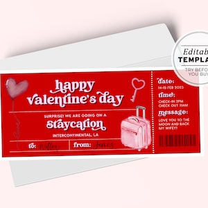 Modèle imprimable de cadeau de billet de la Saint-Valentin, bon cadeau Staycation, coupon de la Saint-Valentin | MODÈLE MODIFIABLE #082