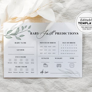 Babyshowerspellen, babyshowervoorspellingen, babyvoorspellingskaarten, babyshoweractiviteiten, Chelsea Leafy Minimalist | BEWERKBARE SJABLOON #068