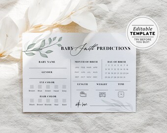 Baby Shower Games, Baby Shower Predictions, Baby Prediction Cards, Baby Shower Activities, Chelsea Leafy Minimalist | EDITABLE TEMPLATE #068