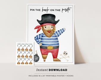 Pin the Hook on the Pirate Kids Party Game Printable Poster, Birthday Party Game, INSTANT DOWNLOAD