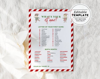 What's your Elf Name Christmas Game, Elf Name Game, Christmas Party Games, Christmas Activities, Holiday Game | PRINTABLE EDITABLE TEMPLATE