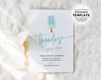 Minimalist Blue Popsicle 1st Birthday Party Invite Template | EDITABLE TEMPLATE