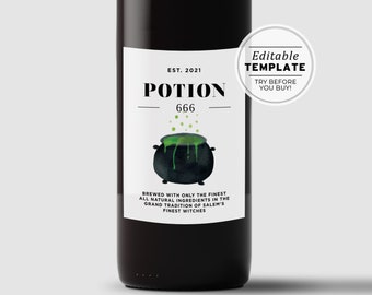 Halloween Wine Label Template, Witch's Brew | Editable Template, Printable