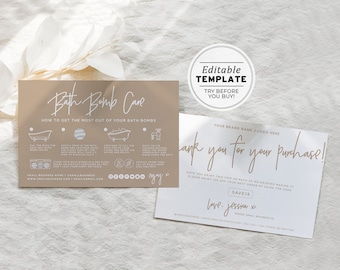 Nue Minimalist Bath Bomb Thank You, Care Instructions and Storage Care Card with Icons, Package Insert | EDITABLE TEMPLATE #052 #043