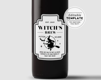 Halloween Wine Label Template, Witch's Brew | Editable Template, Printable