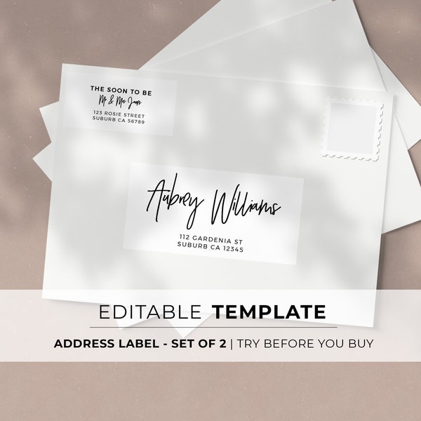 Handwritten Style Envelope Address Label and Return Address Label Template - Set of 2 | EDITABLE TEMPLATE #004 Juliette Minimalist