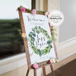 Eucalyptus Leafy Baby Shower Welcome Sign, Baby Shower Sign Template, Greenery Baby Shower Decor, Gender Neutral Baby Shower Poster | #015