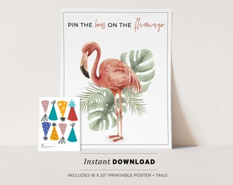 Pin the Hat on the Flamingo Kids Party Game Printable Poster, Birthday Party Game, INSTANT DOWNLOAD