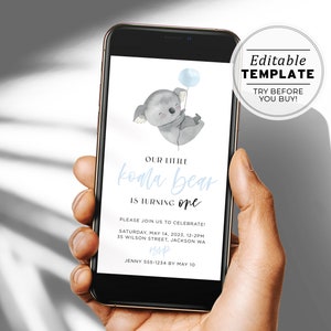 Minimalist Mr Koala Birthday Digital Invite, Electronic Birthday Invite Template | EDITABLE TEMPLATE