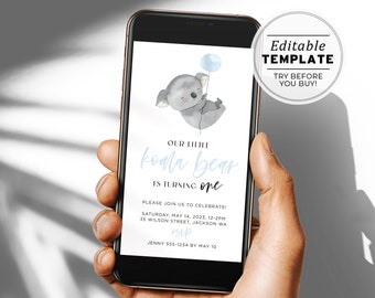 Minimalist Mr Koala Birthday Digital Invite, Electronic Birthday Invite Template | EDITABLE TEMPLATE