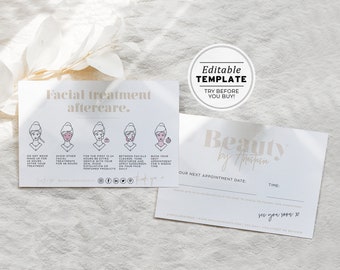 Scandi Minimalist Facial Treatment Aftercare and Appointment Card, Editable AfterCare Card | EDITABLE TEMPLATE #053 #043