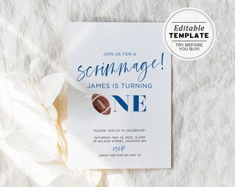 Minimalist Football Scrimmage Theme 1st Birthday Party Invite Template | EDITABLE TEMPLATE #056