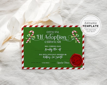 Elf Adoption Certificate, Christmas Elf Adoption Letter, Printable | EDITABLE TEMPLATE Balsam #093