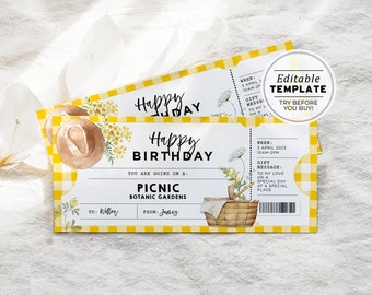 Picnic Birthday Gift Ticket Template, Party Invitation, Surprise Gift Certificate | EDITABLE TEMPLATE #082