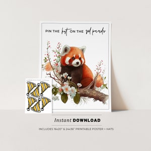 Pin the Hat on the Red Panda Kids Party Game Printable Poster, Birthday Party Game, INSTANT DOWNLOAD