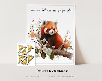 Pin the Hat on the Red Panda Kids Party Game Printable Poster, Birthday Party Game, INSTANT DOWNLOAD