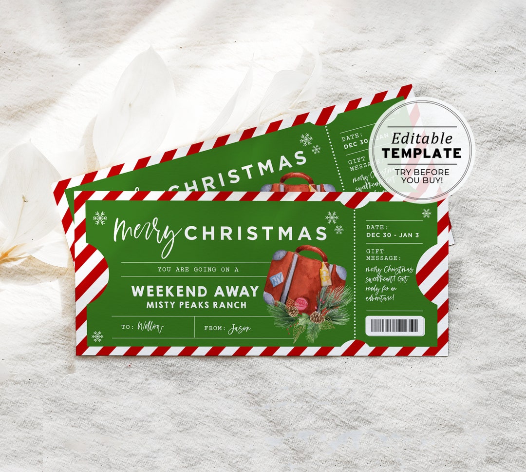 Printable Weekend Away Christmas Gift Voucher Template, Surprise ...