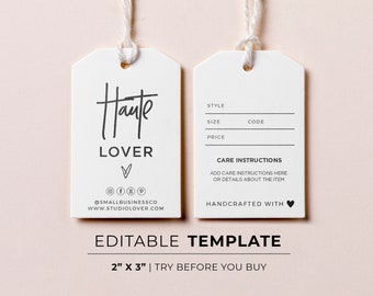Juliette Minimalist Clothing Swing Tag Care Instructions Template | EDITABLE TEMPLATE #050 #043