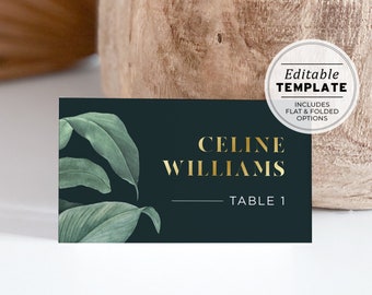 Mikala Tropical Leaf & Gold Place Card Templates with Meal Choice Icons, Editable Dinner Escort Cards | EDITABLE TEMPLATE, Printable #004