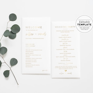 Juliette Gold Minimalist Wedding Program Template, Modern Order of Service, Printable Ceremony Program, Editable Wedding Program #017