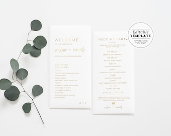 Juliette Gold Minimalist Wedding Program Template, Modern Order of Service, Printable Ceremony Program, Editable Wedding Program #017