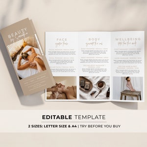 Nue Minimalist Spa Brochure, Tri-Fold Day spa Price List, Small Business Printable | EDITABLE TEMPLATE #052 #043