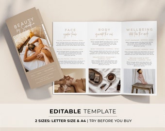 Nue Minimalist Spa Brochure, Tri-Fold Day spa Price List, Small Business Printable | EDITABLE TEMPLATE #052 #043