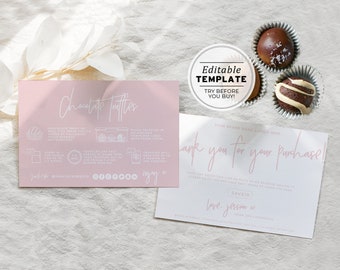 Blush Minimalist Chocolate Truffles Care Card and Thank You Card, Thank You Package Insert | EDITABLE TEMPLATE #051 #043