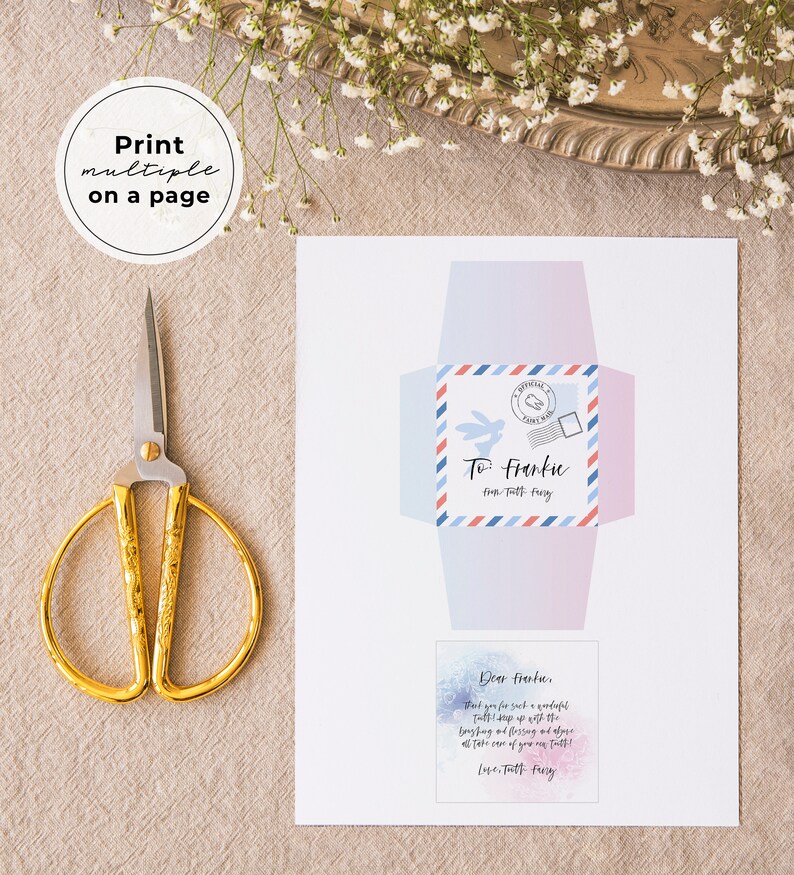 May include: Printable envelope template with a blue and pink watercolor background. The envelope is addressed to Frankie with a bunny rabbit illustration and the text "To Frankie from Tuff Fury". The text "Dear Frankie, Thank you for such a wonderful Tufft day!  I hope you are enjoying dressing up and adore all the fun you've had! Love, Tuff Fury" is printed on a separate card.