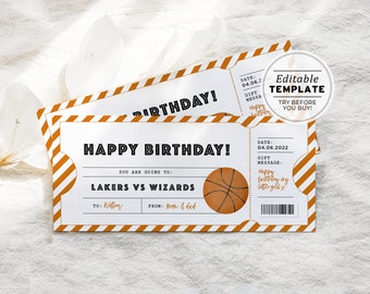 Printable Basketball Game Ticket Birthday Gift Template, Party Invitation | EDITABLE TEMPLATE #067 #082