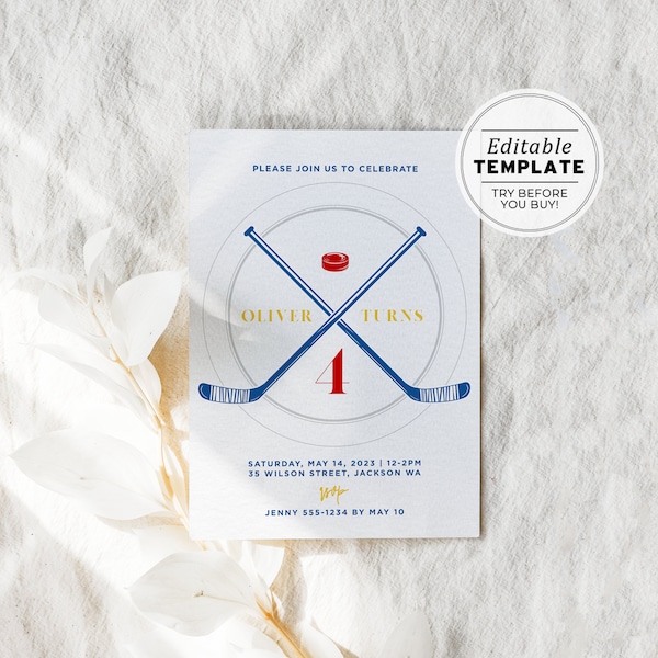 Minimalist Hockey Theme Birthday Party Invite Template | EDITABLE TEMPLATE #101