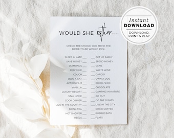 Bridal Shower Game, Would She Rather Bridal Shower Game, Wedding Shower Game, Hen's Party Game, Printable Instant Download #004 Juliette