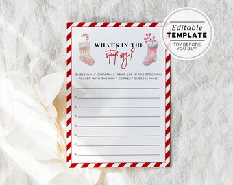 What's in the Stocking Christmas Game, Family Game, Christmas Party Games, Christmas Activities, Holiday Game | PRINTABLE EDITABLE TEMPLATE