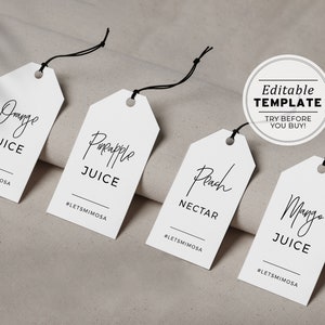 Juliette Minimalist 'Mimosa Bar' Juice Carafe Hanging Tags | PRINTABLE EDITABLE TEMPLATE #004