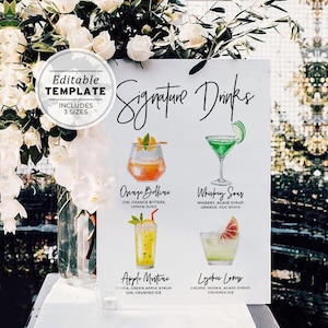 Juliette Aquarelle Signature Cocktails Menu Sign - 120 Cocktails, His and Hers Drinks Sign Template | MODÈLE MODIFIABLE #004