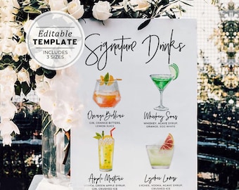 Juliette Watercolor Signature Cocktails Menu Sign - 120 Cocktails, His and Hers Drinks Sign Template | EDITABLE TEMPLATE #004