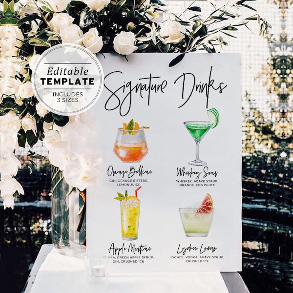 Juliette Watercolor Signature Cocktails Menu Sign - 120 Cocktails, His and Hers Drinks Sign Template | EDITABLE TEMPLATE #004